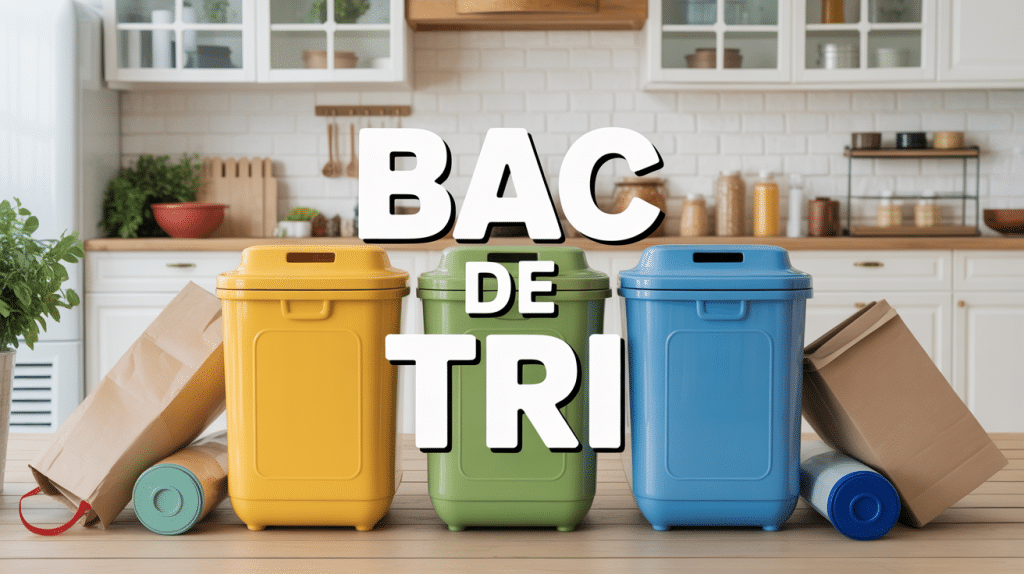 Bac de tri coloré dans une cuisine avec emballages recyclables