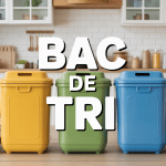 Bac de tri coloré dans une cuisine avec emballages recyclables