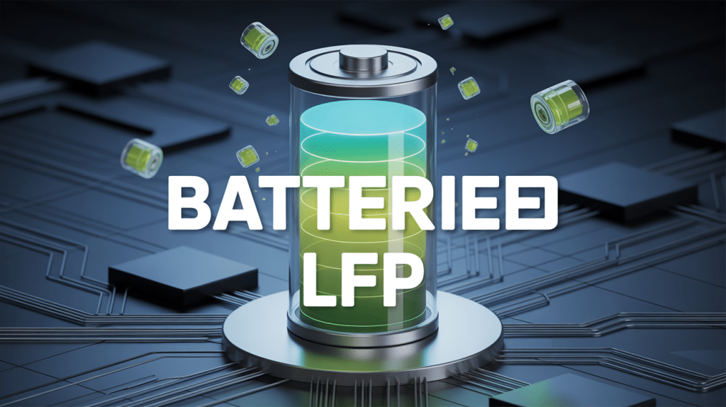 Illustration batterie LFP cylindrique sur fond circuits électroniques