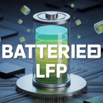 Illustration batterie LFP cylindrique sur fond circuits électroniques