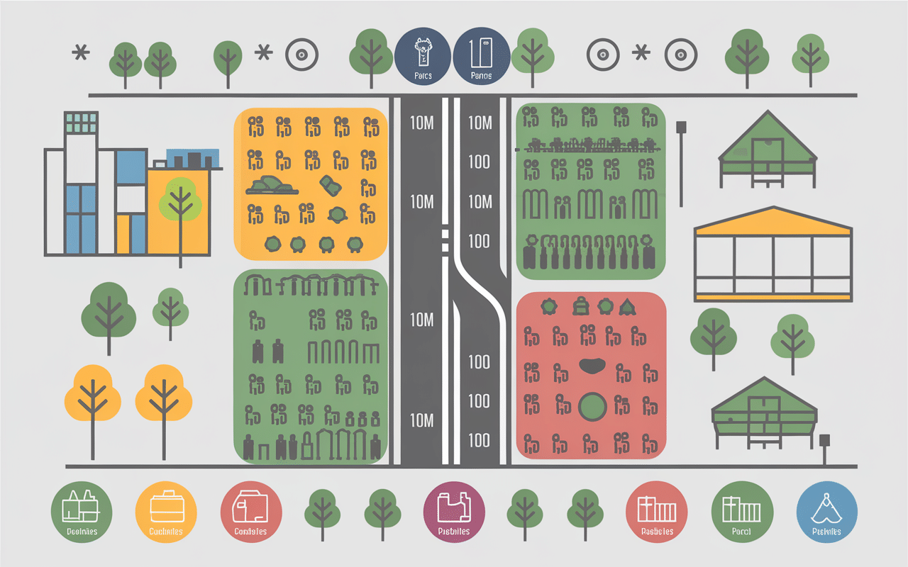 Schéma distances emplacement poubelles publiques et zones fréquentées