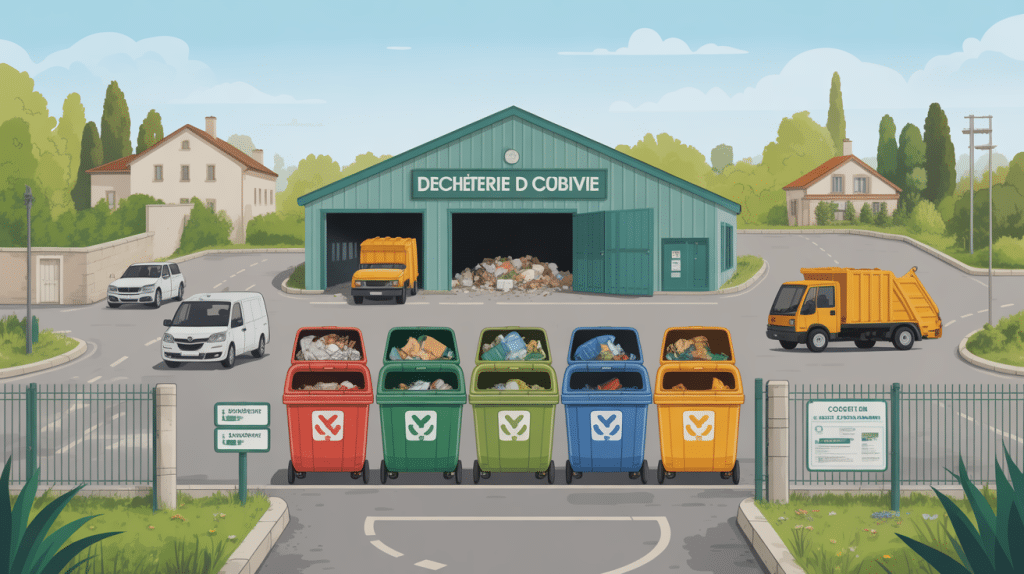 Vue générale de la déchèterie Coublevie avec bennes et accès