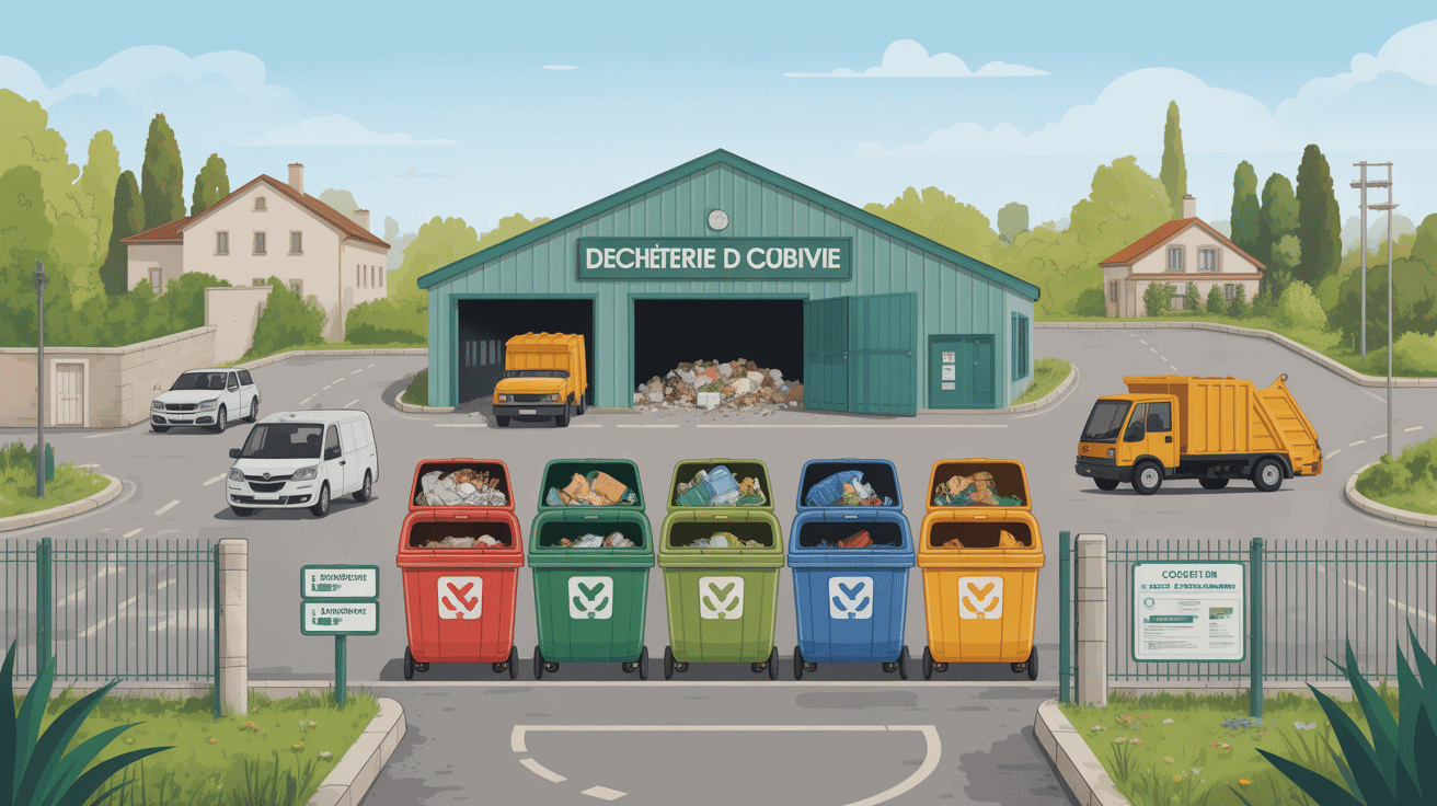 Vue générale de la déchèterie Coublevie avec bennes et accès