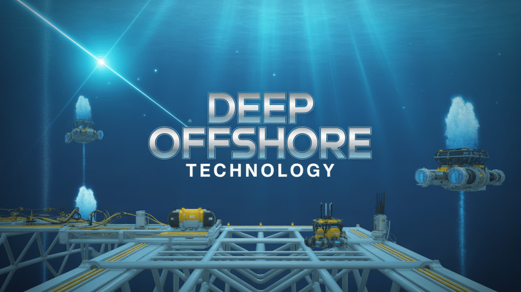 Vue futuriste deep offshore technology avec robots et équipements high-tech