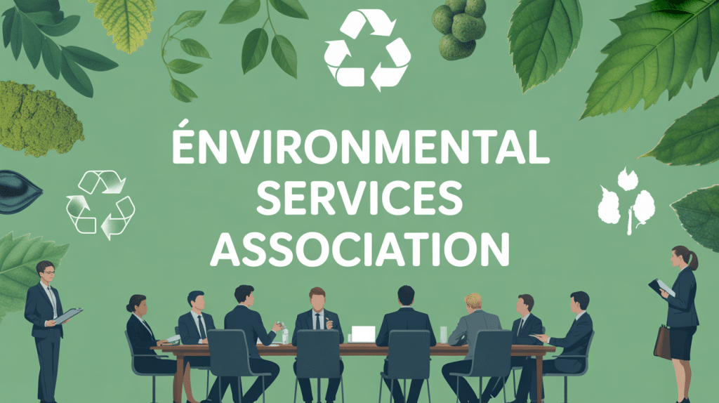 Professionnels lors d'une conference environmental services association avec graphiques et batiments ecologiques