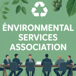 Professionnels lors d'une conference environmental services association avec graphiques et batiments ecologiques