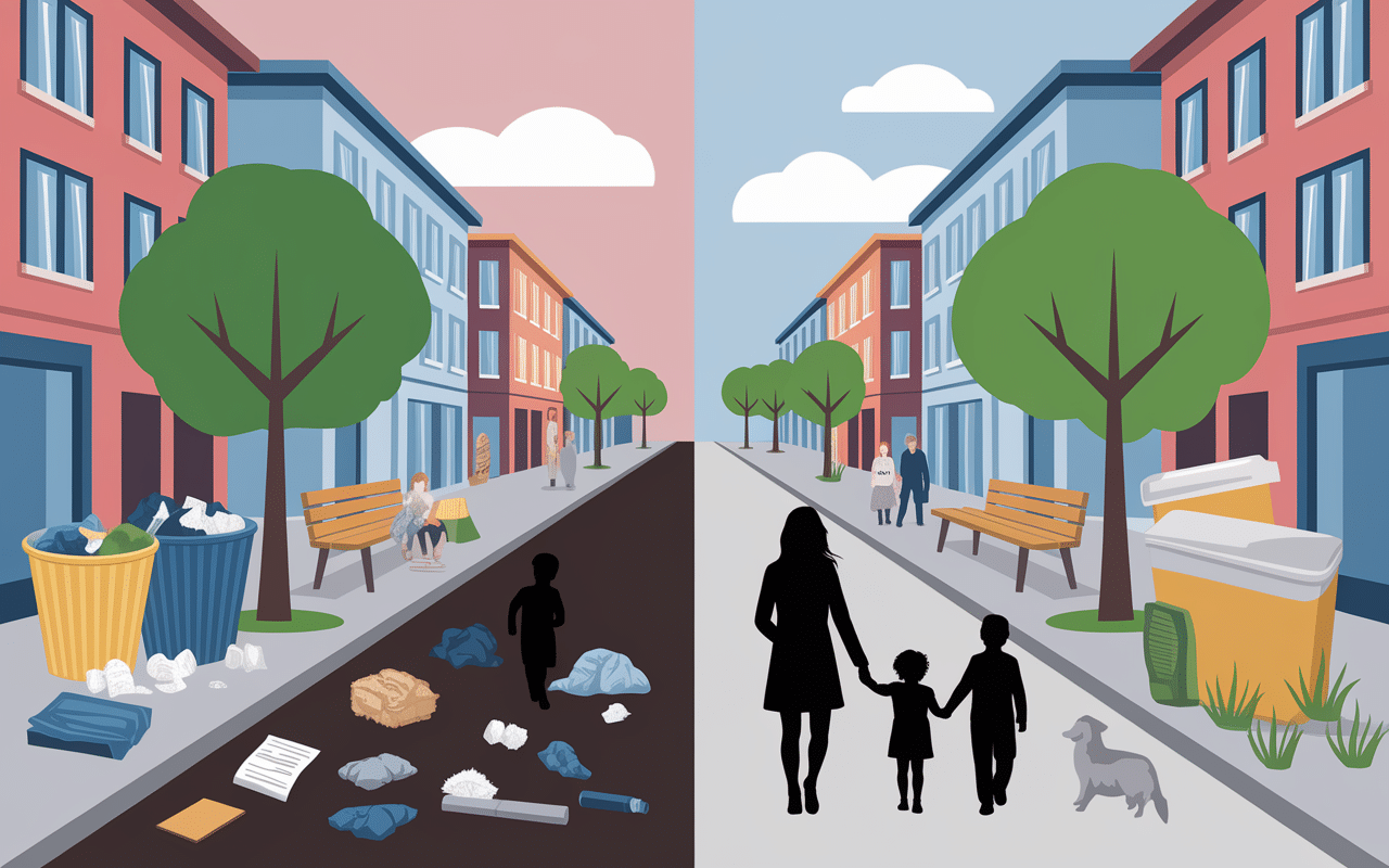 Comparatif rue propre et sale pour ne pas jeter sur la voie publique