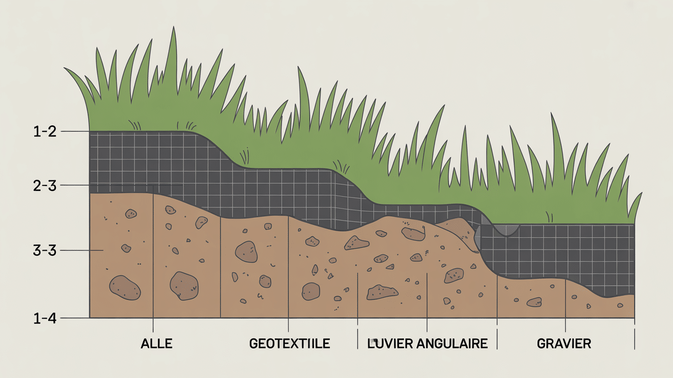 Schéma technique étapes création allée carrossable gravier sans stabilisateur