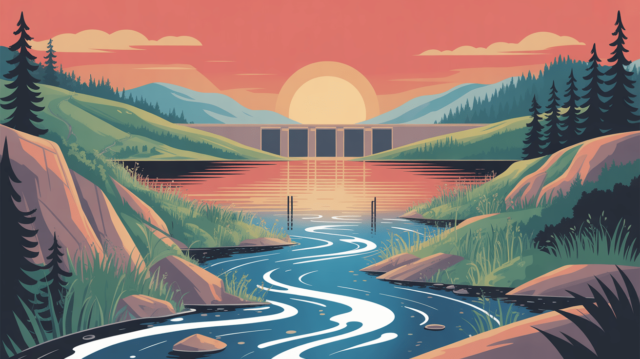 Barrage de Couesques rivière et lac au coucher de soleil