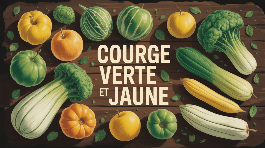 composition courge verte et jaune variétés sur table en bois