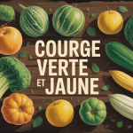 composition courge verte et jaune variétés sur table en bois