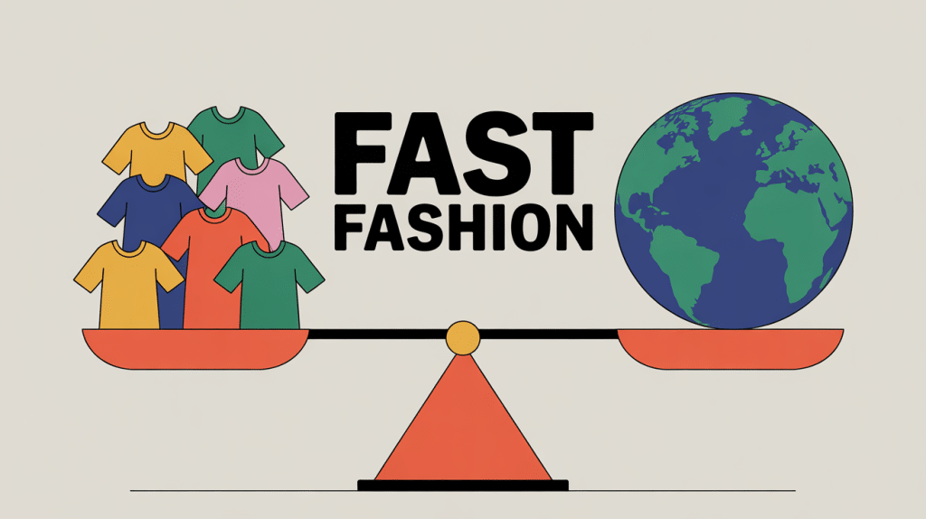 Fast fashion illustration balance vêtements planète Terre