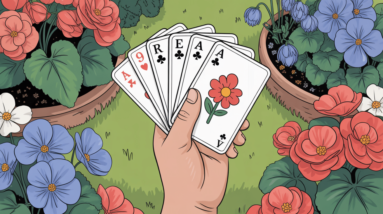 main avec cartes et fleurs en b dans jardin