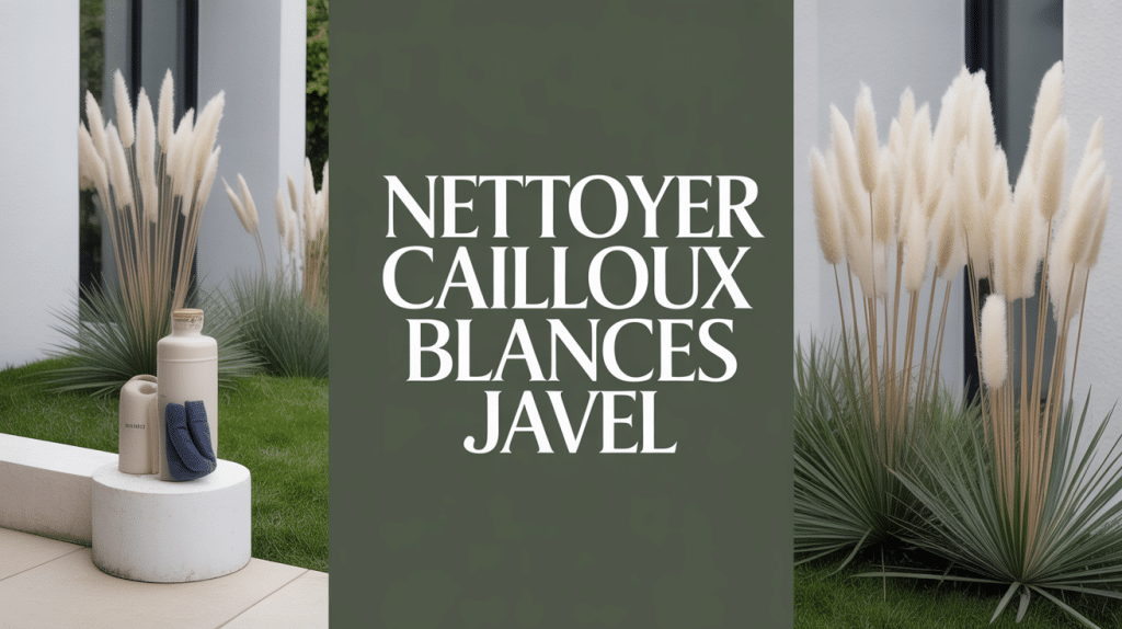 Nettoyer cailloux blancs javel dans jardin, galets propres et sales, bouteille javel