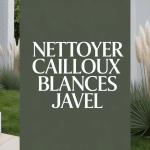 Nettoyer cailloux blancs javel dans jardin, galets propres et sales, bouteille javel