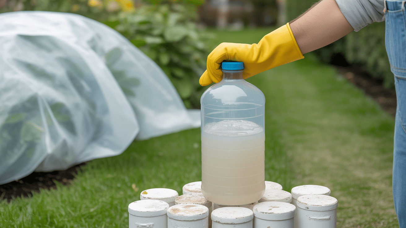 Nettoyer cailloux blancs javel, gants, protection, jardin sécurisé