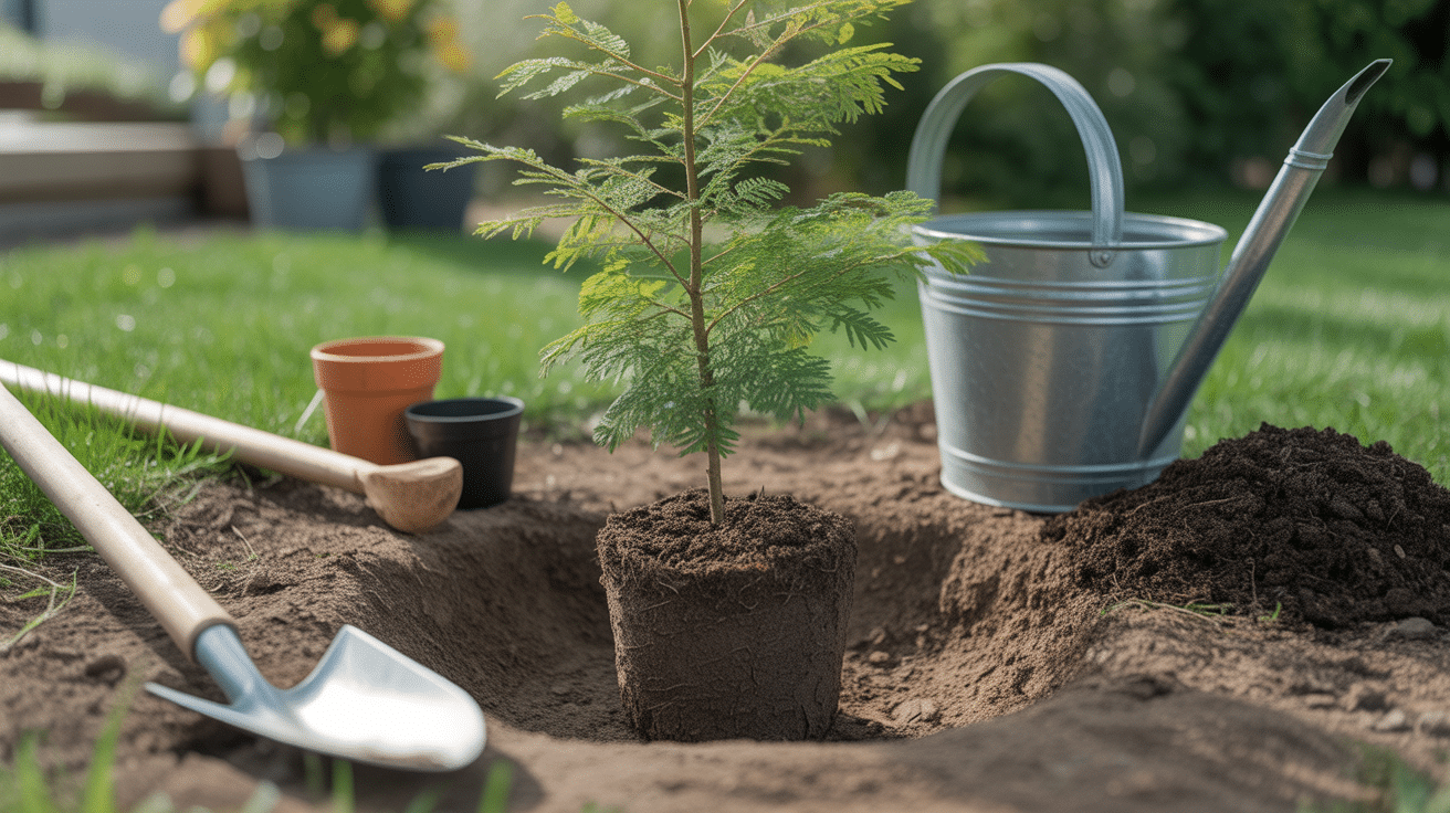 Plantation sophora pleureur jeune arbre outils jardin
