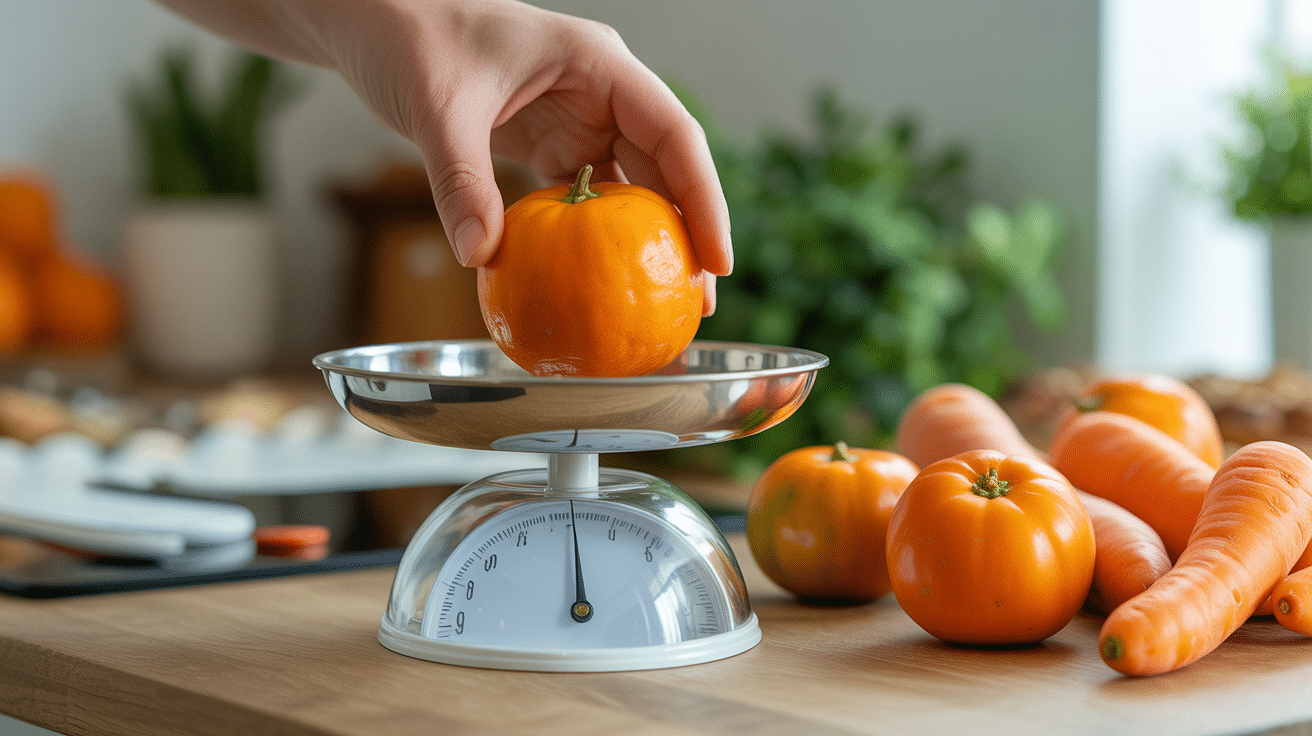 main estimant le poids d'une carotte sur balance