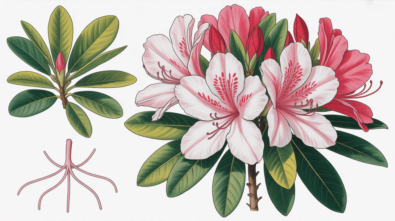 rhodo simsii fleurs racines coupe botanique