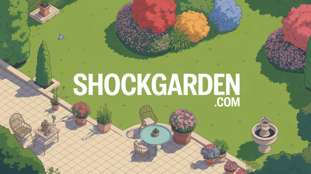 Vue aérienne jardin shockgarden.com avec pelouse fleurs terrasse