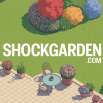 Vue aérienne jardin shockgarden.com avec pelouse fleurs terrasse