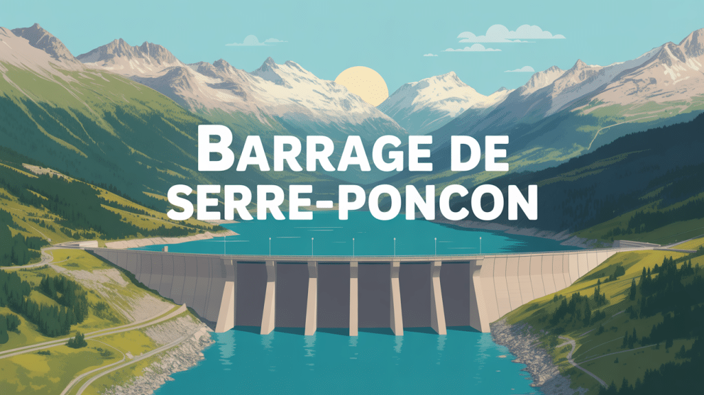 Photo panoramique du barrage de Serre Ponçon et lac turquoise
