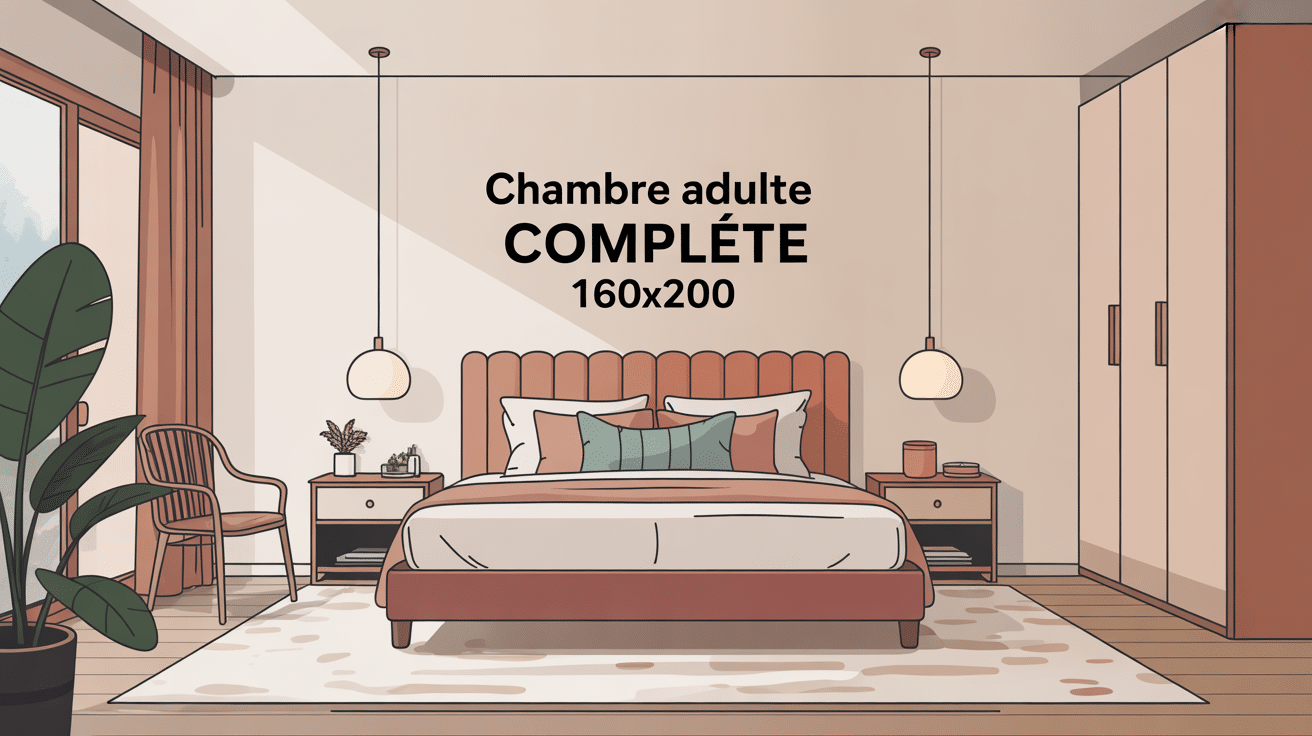 vue chambre adulte complete 160x200 moderne avec lit et rangements