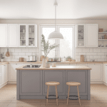 Cuisine blanche plan de travail gris, ambiance lumineuse moderne