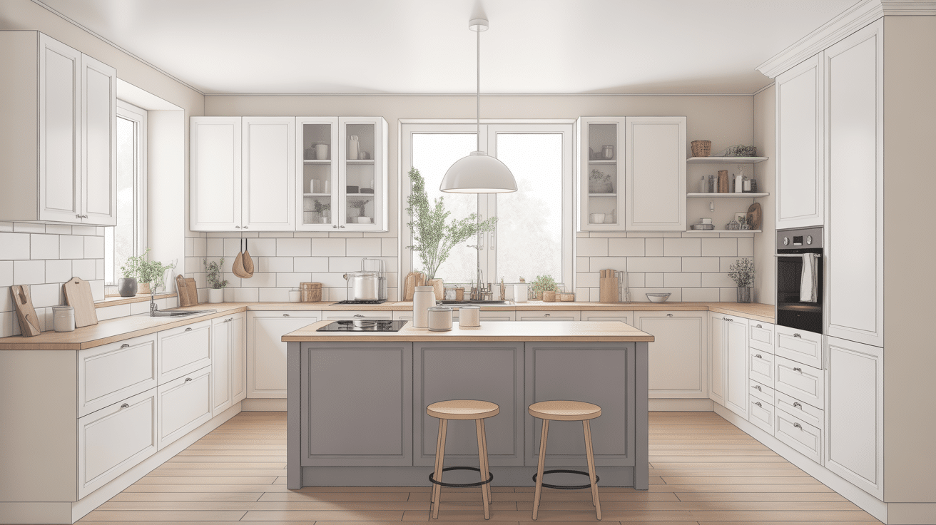 Cuisine blanche plan de travail gris, ambiance lumineuse moderne