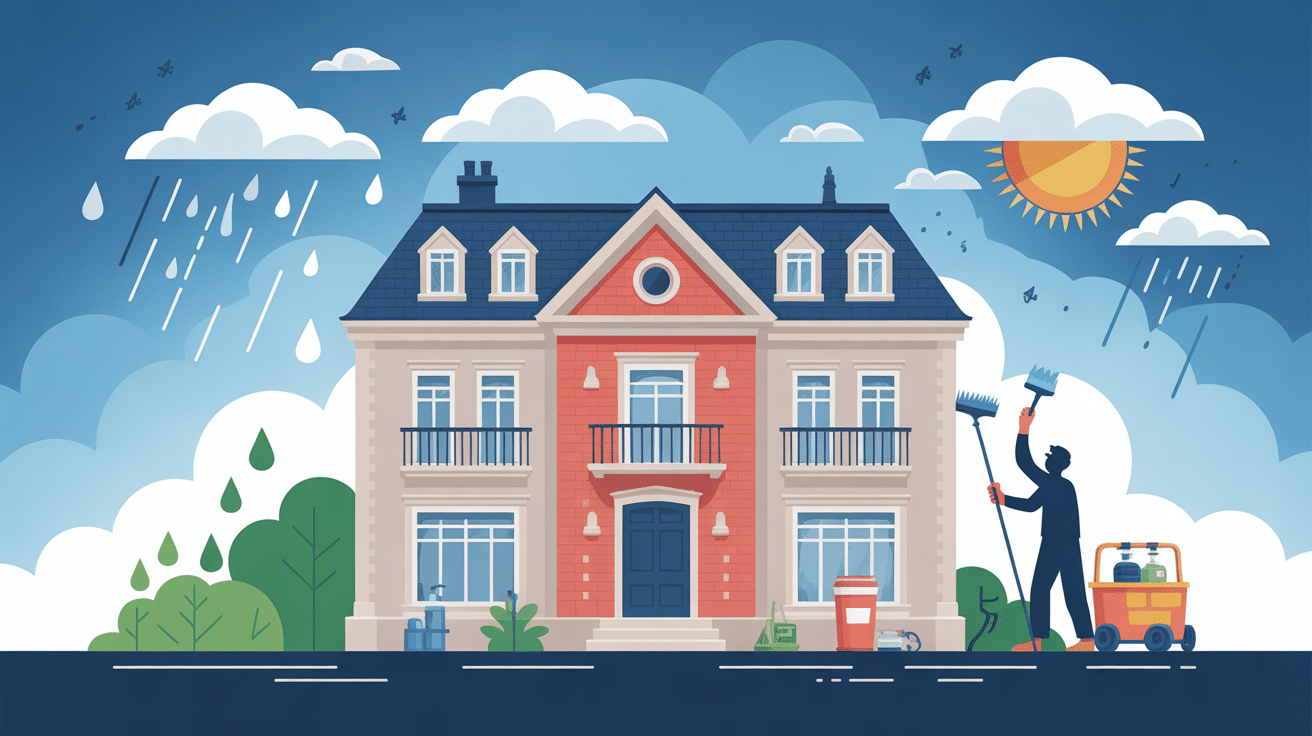 Artisan posant enduit par temps humide sur façade