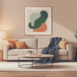 jete de canape soigneusement dispose sur sofa avec textures et couleurs