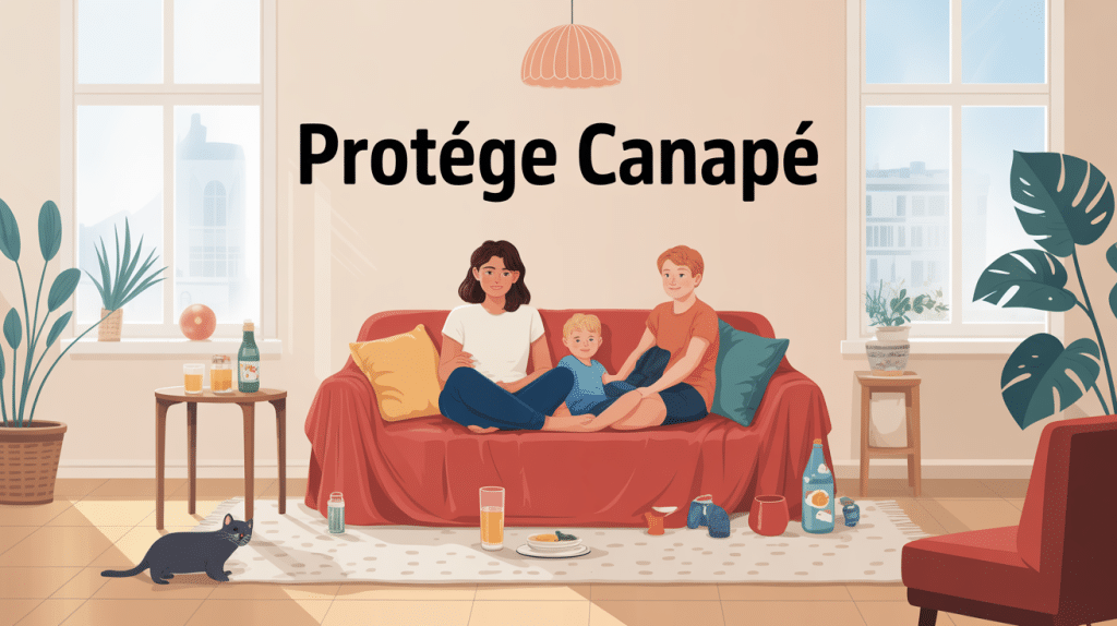 Illustration moderne d'un protege canape dans un salon avec chat et enfants