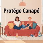 Illustration moderne d'un protege canape dans un salon avec chat et enfants