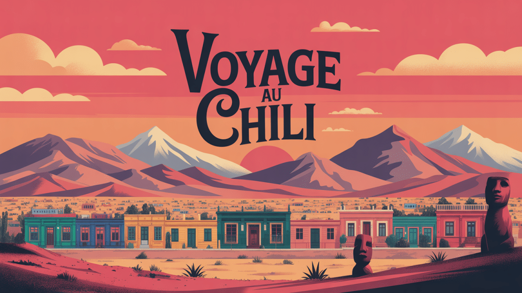 Que voir au Chili illustration panoramique avec désert Atacama, Patagonie, ville, vignobles et moai