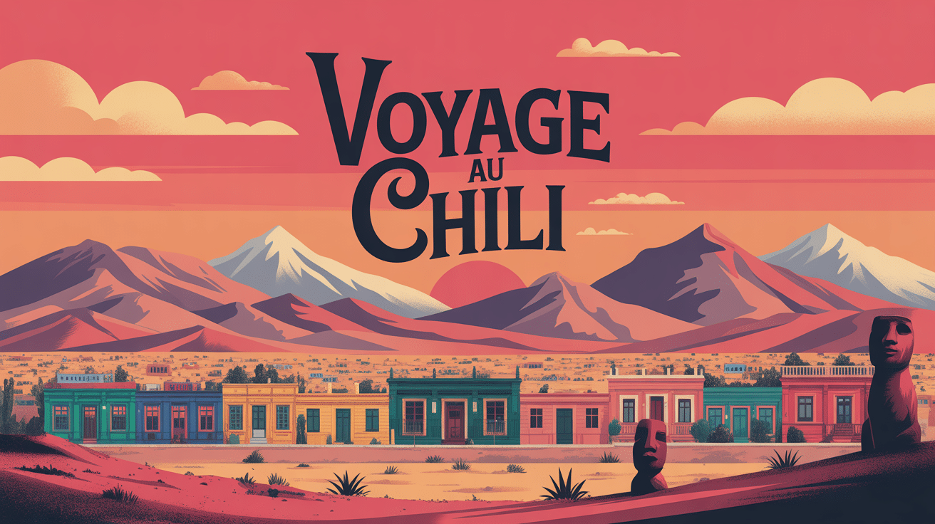 Que voir au Chili illustration panoramique avec désert Atacama, Patagonie, ville, vignobles et moai