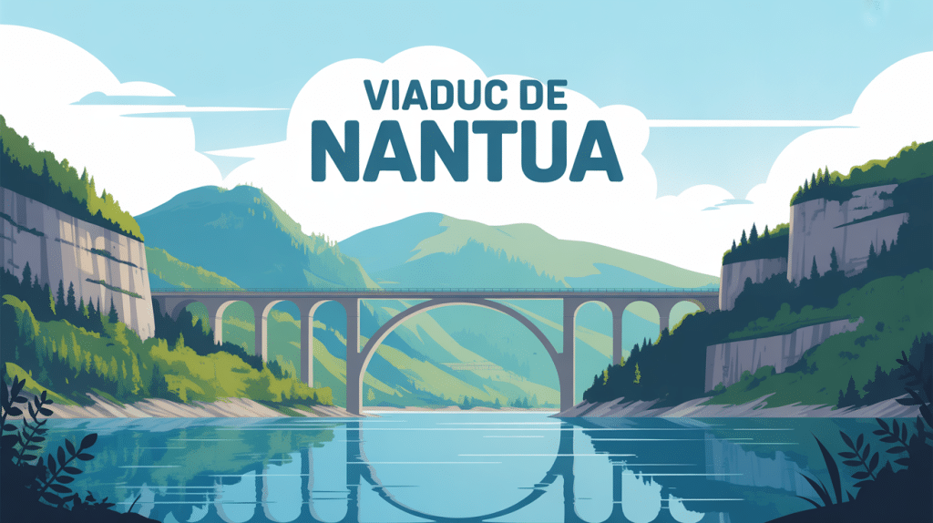 vue stylisée viaduc de nantua entre lac et falaises