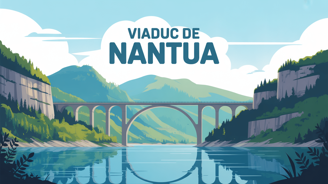 vue stylisée viaduc de nantua entre lac et falaises