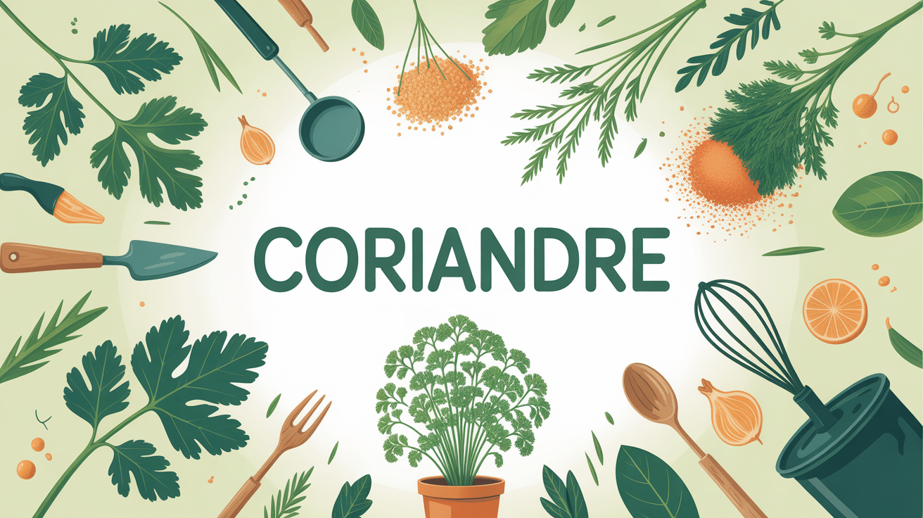 Illustration coriandre feuilles graines poudre plant