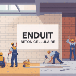 Enduire le beton cellulaire, maçons appliquant enduit sur mur alvéolé