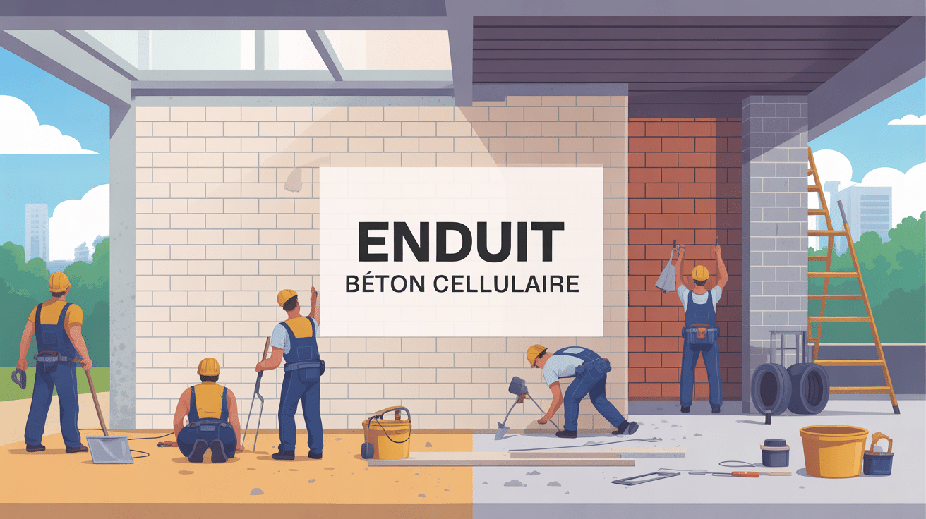 Enduire le beton cellulaire, maçons appliquant enduit sur mur alvéolé