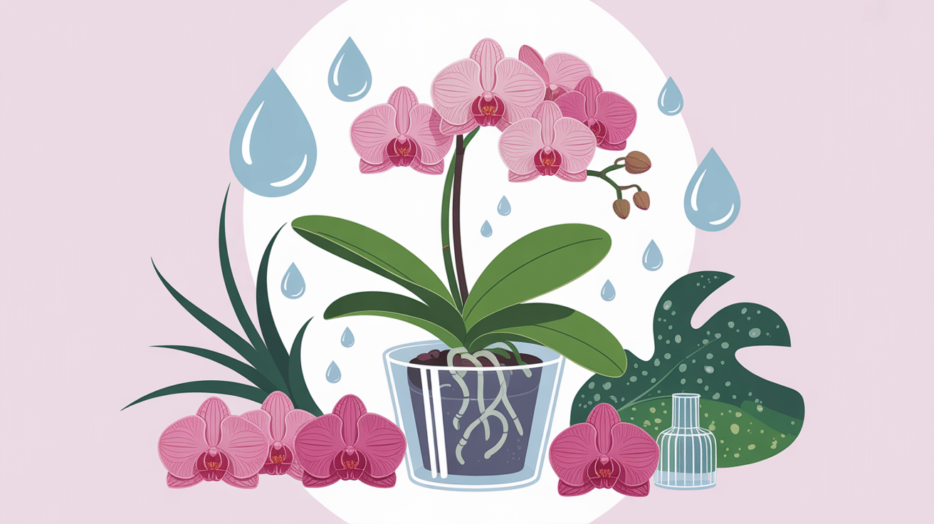 Illustration orchidée arrosage en pot avec arrosoir et gouttes