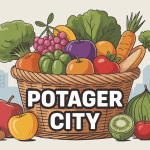 Illustration Potager City panier de fruits et légumes frais en centre-ville