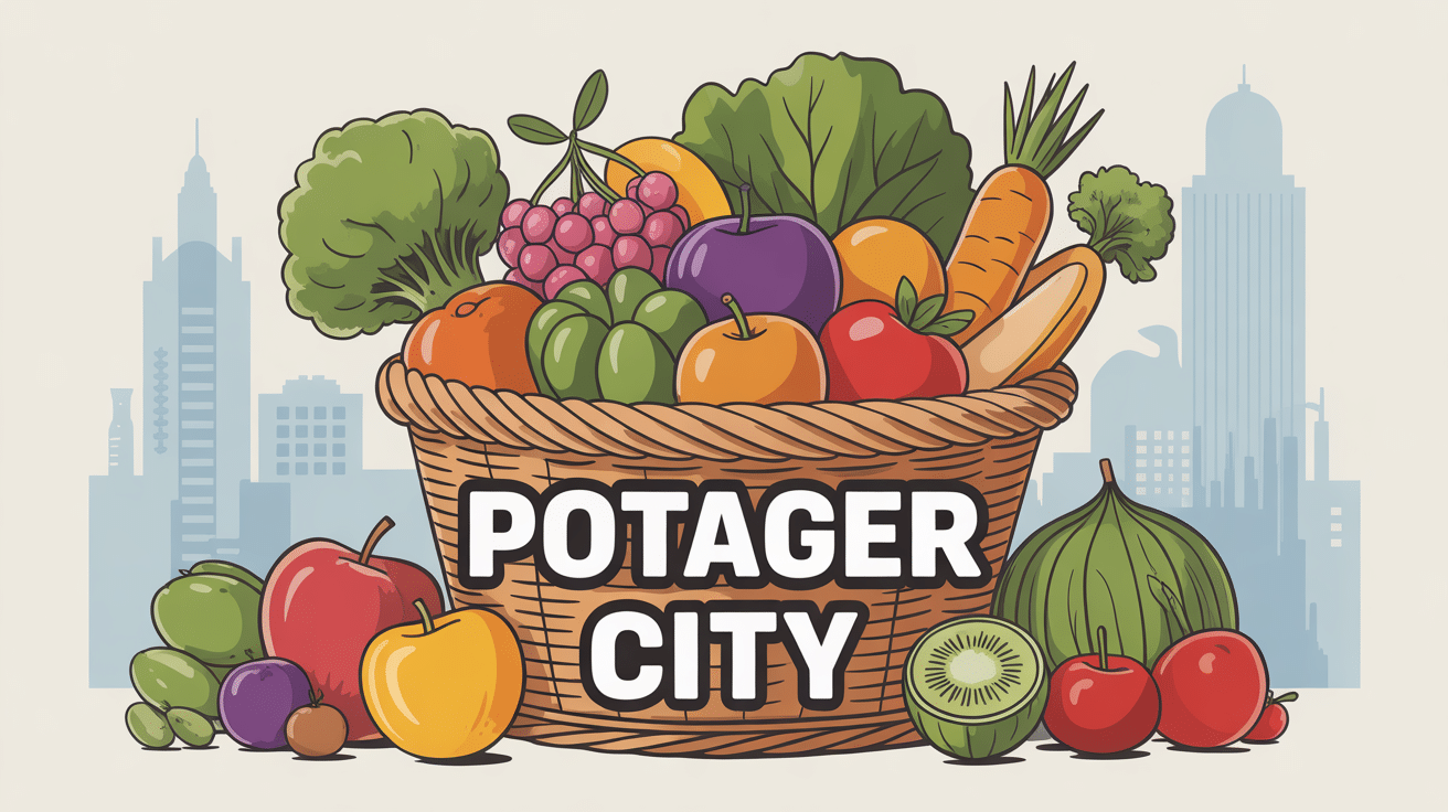 Illustration Potager City panier de fruits et légumes frais en centre-ville