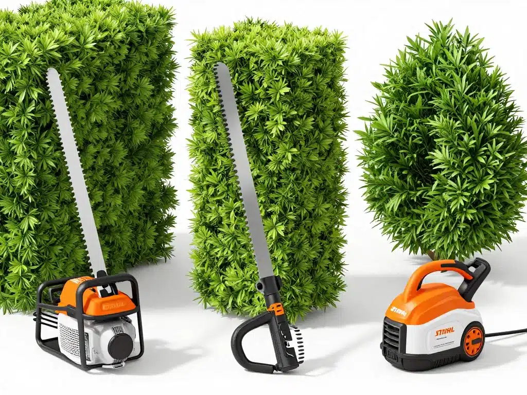 Trois types de taille haie Stihl comparés devant différentes haies