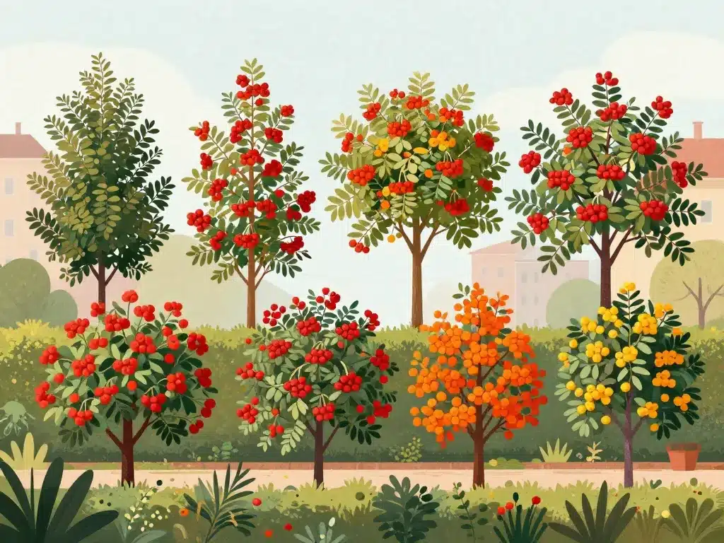 Différents sorbiers avec fruits colorés en haie