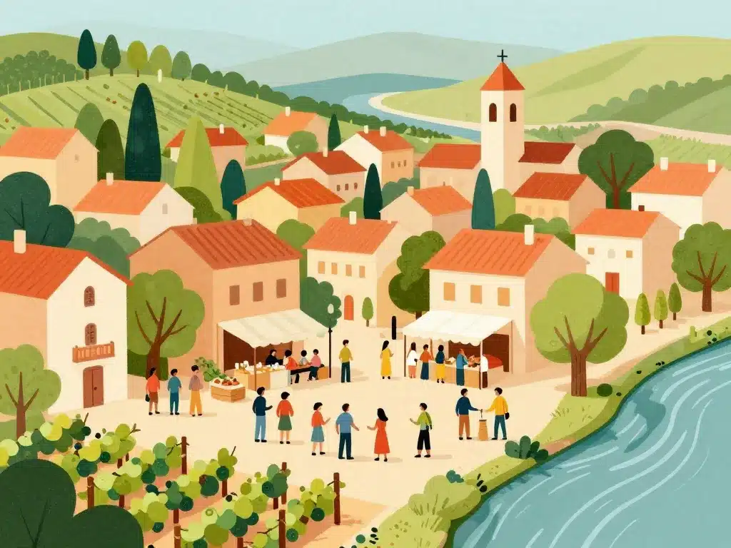 Aramon vie quotidienne Rhône et garrigue illustration