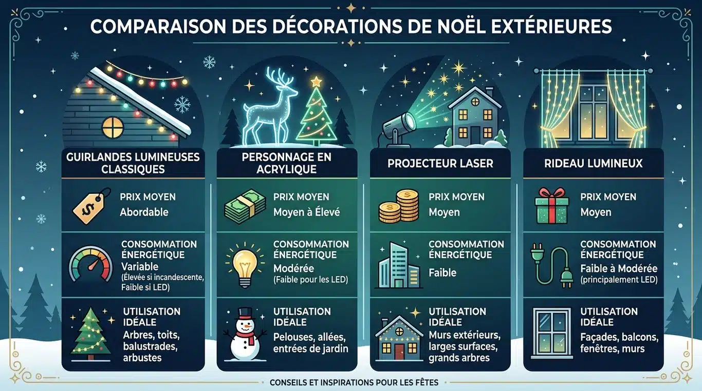 Infographie comparative des décorations de Noël extérieures : prix, consommation et usage recommandé.