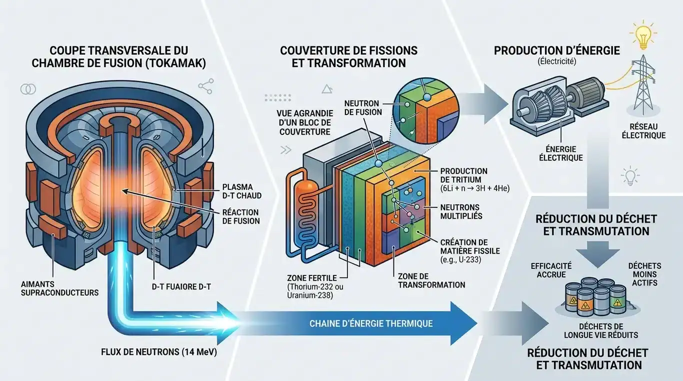 Schéma explicatif du fonctionnement d'un réacteur nucléaire hybride fusion-fission