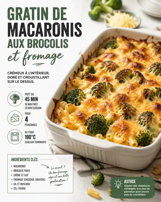 Gratin de macaronis aux brocolis pour un menu famille semaine équilibré