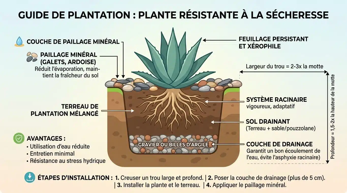 Infographie illustrant la méthode de plantation pour un jardin sec : drainage et paillage minéral